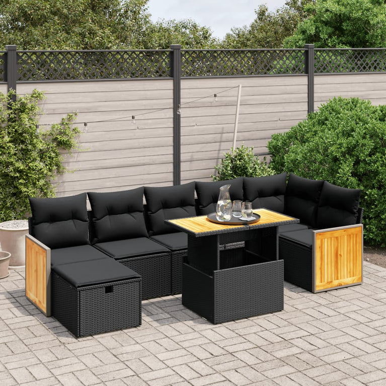 8-delige Loungeset met kussens poly rattan zwart
