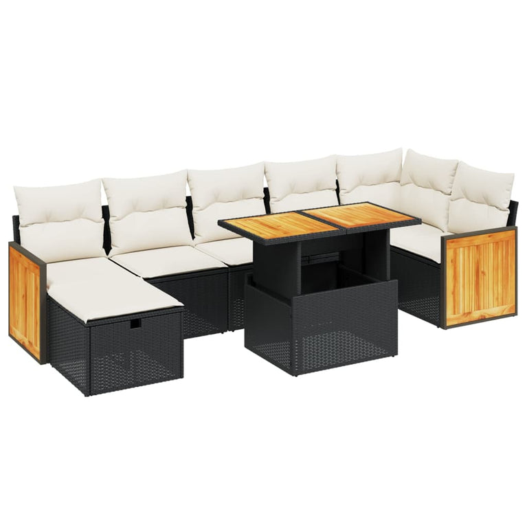 8-delige Loungeset met kussens poly rattan zwart
