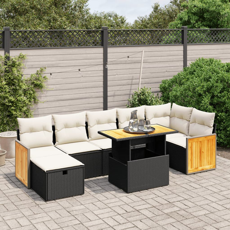 8-delige Loungeset met kussens poly rattan zwart