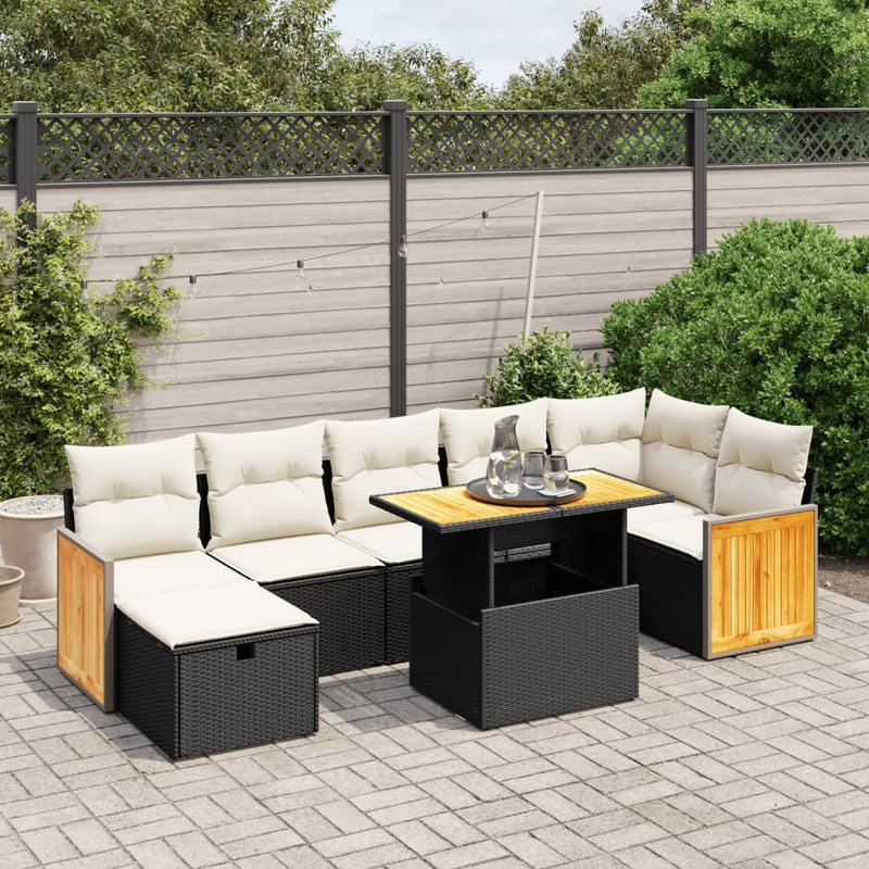 8-delige Loungeset met kussens poly rattan zwart