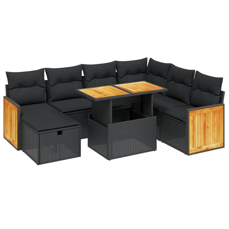 8-delige Loungeset met kussens poly rattan zwart