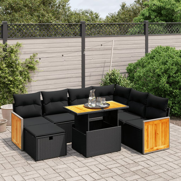 8-delige Loungeset met kussens poly rattan zwart