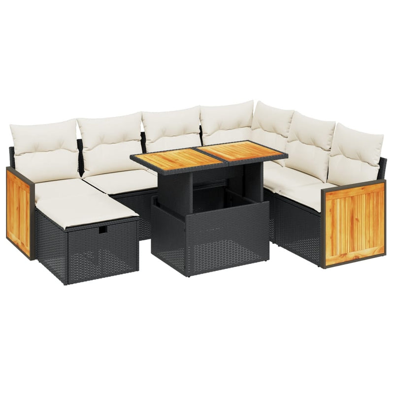 8-delige Loungeset met kussens poly rattan zwart