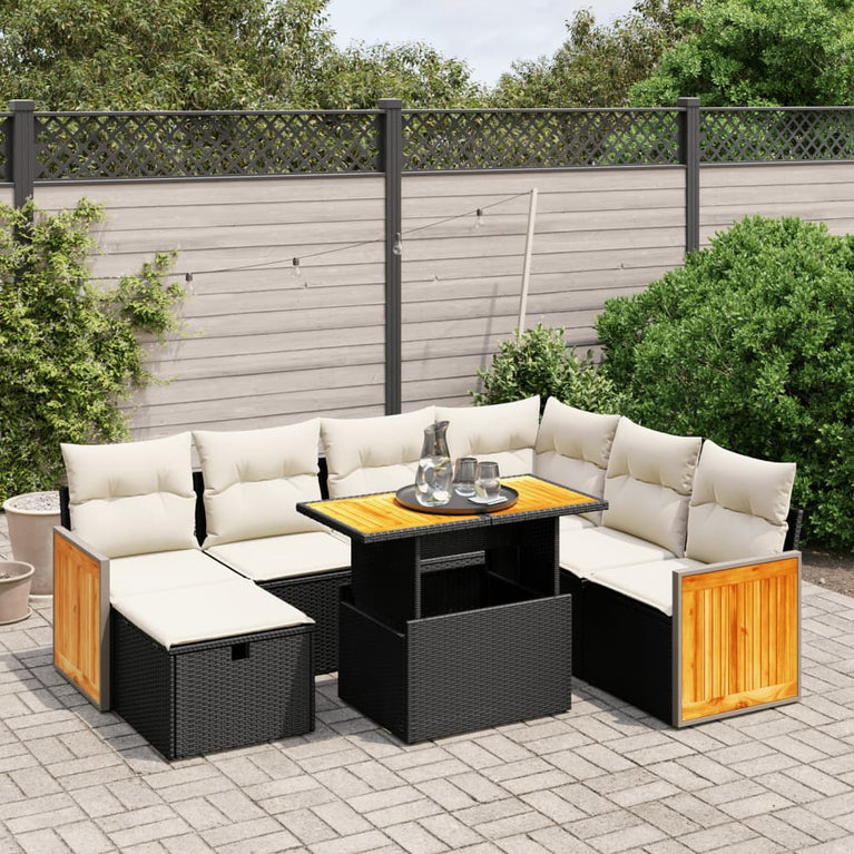 8-delige Loungeset met kussens poly rattan zwart