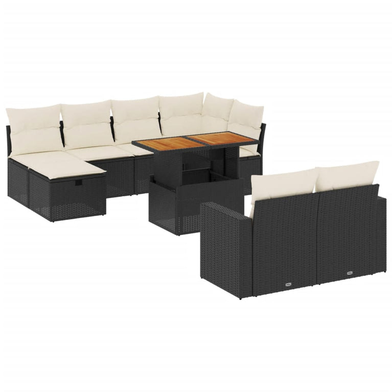11-delige Loungeset met kussens poly rattan zwart