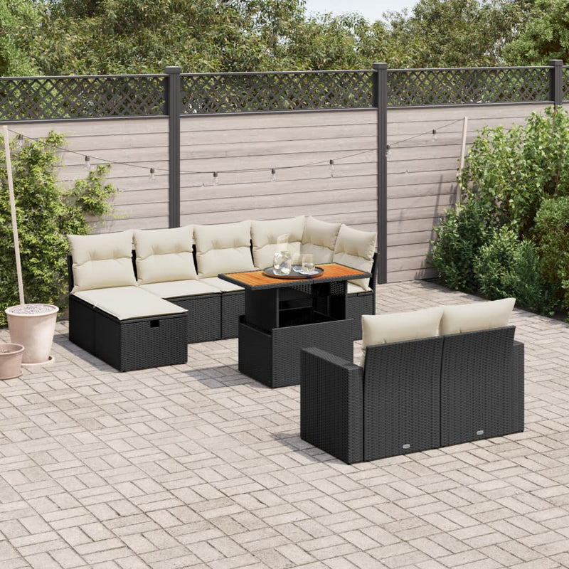 11-delige Loungeset met kussens poly rattan zwart