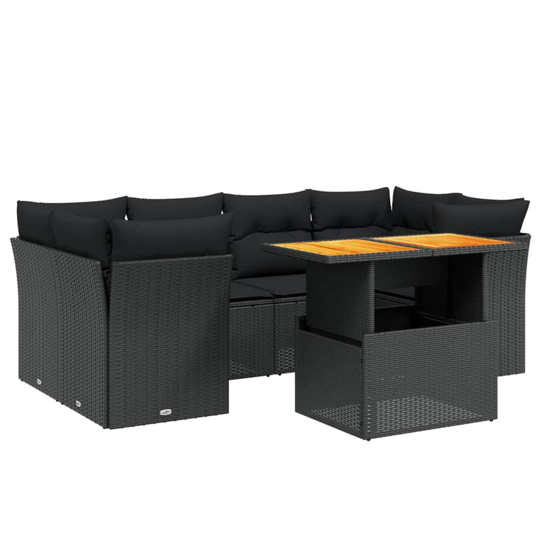 7-delige Loungeset met kussens poly rattan zwart
