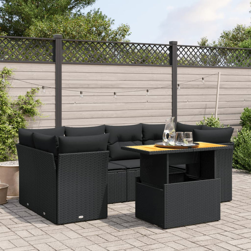 7-delige Loungeset met kussens poly rattan zwart