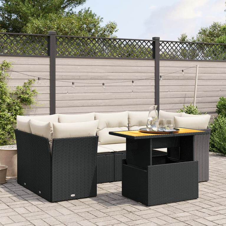7-delige Loungeset met kussens poly rattan zwart