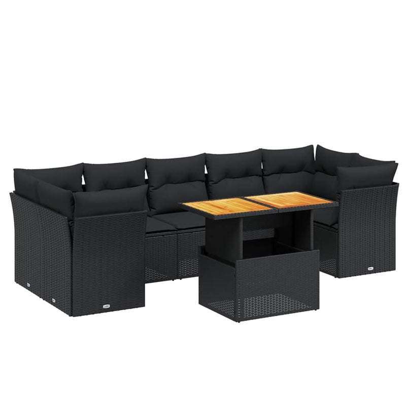 8-delige Loungeset met kussens poly rattan zwart