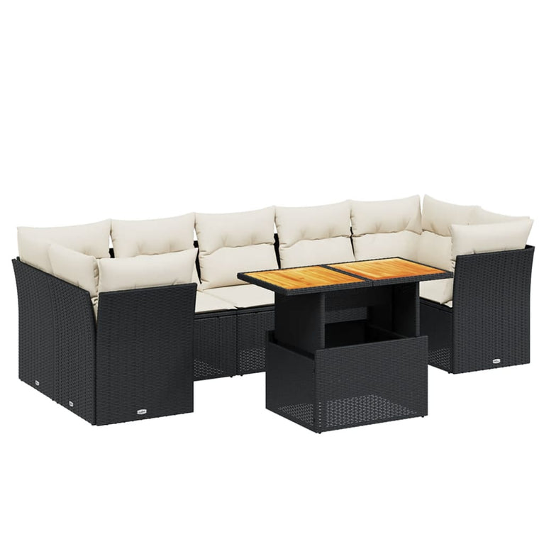 8-delige Loungeset met kussens poly rattan zwart