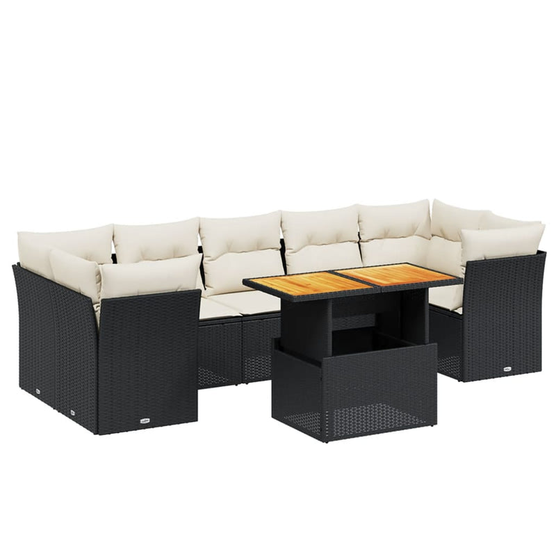 8-delige Loungeset met kussens poly rattan zwart