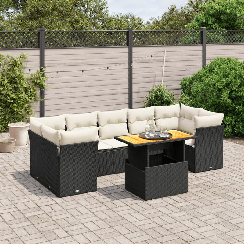 8-delige Loungeset met kussens poly rattan zwart