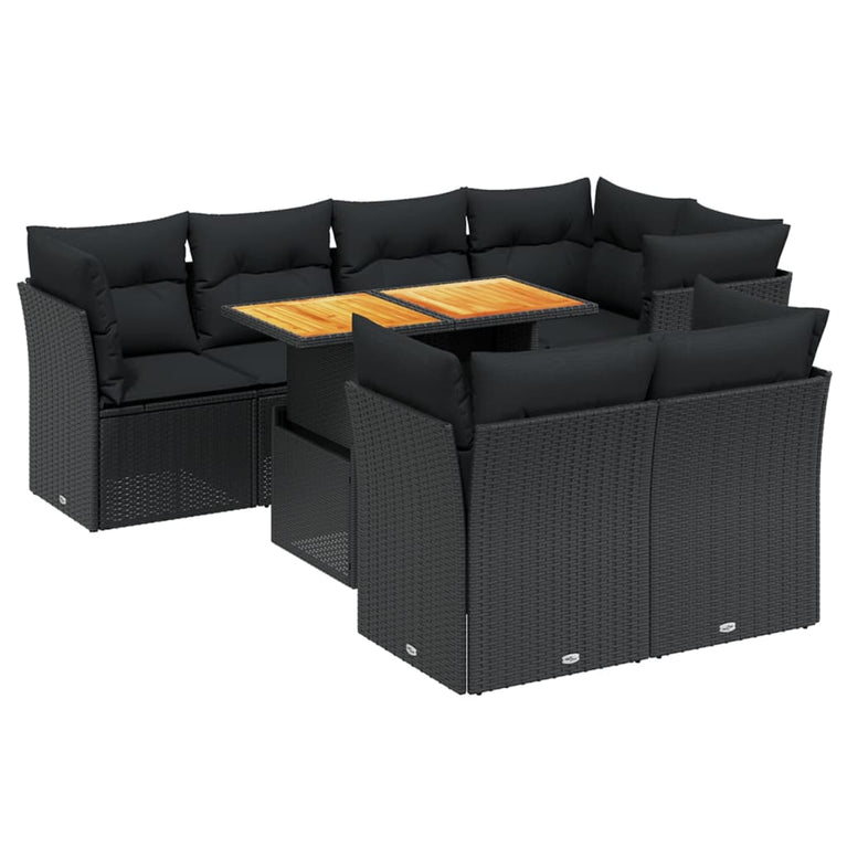 8-delige Loungeset met kussens poly rattan zwart