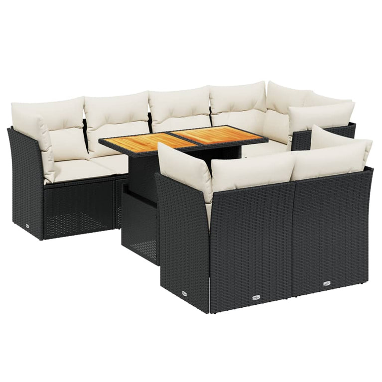 8-delige Loungeset met kussens poly rattan zwart