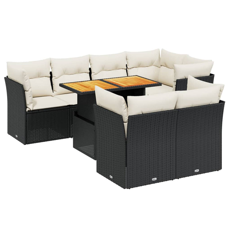 8-delige Loungeset met kussens poly rattan zwart