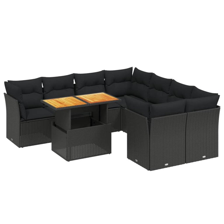 9-delige Loungeset met kussens poly rattan zwart