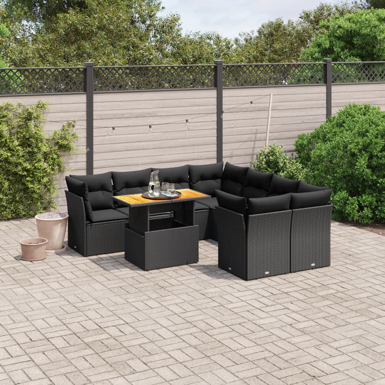 9-delige Loungeset met kussens poly rattan zwart