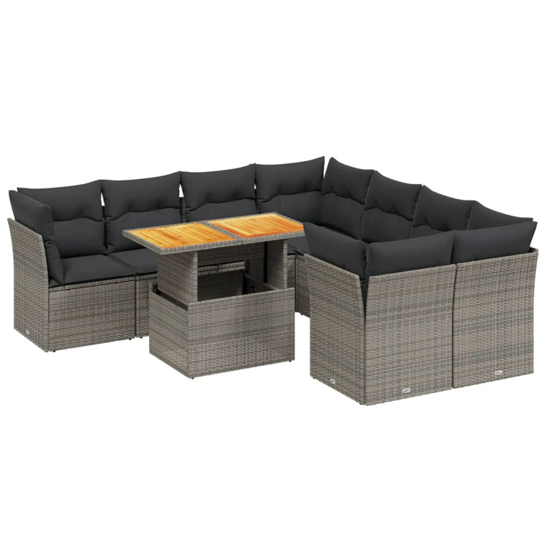 9-delige Loungeset met kussens poly rattan grijs