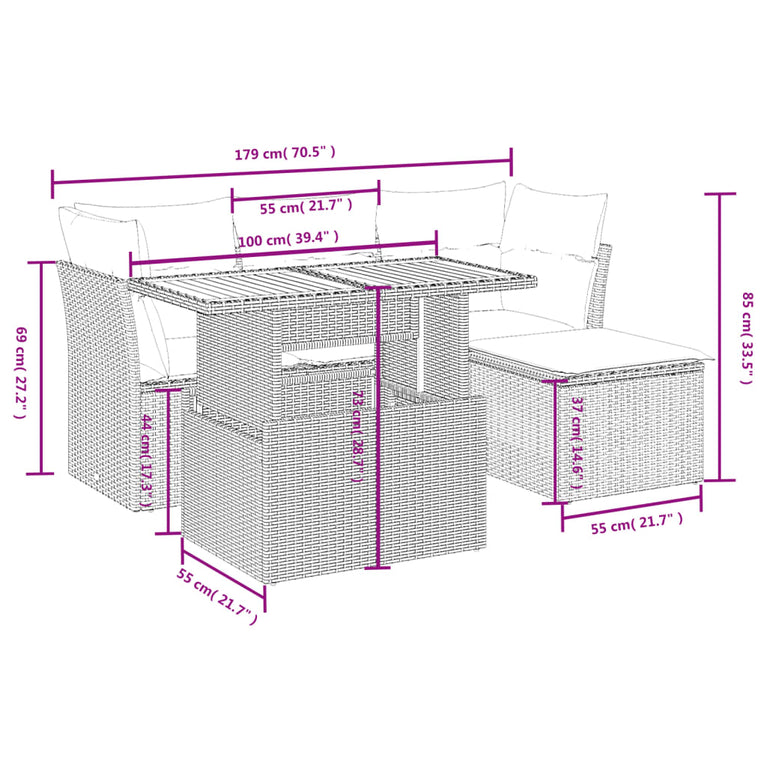 6-delige Loungeset met kussens poly rattan grijs
