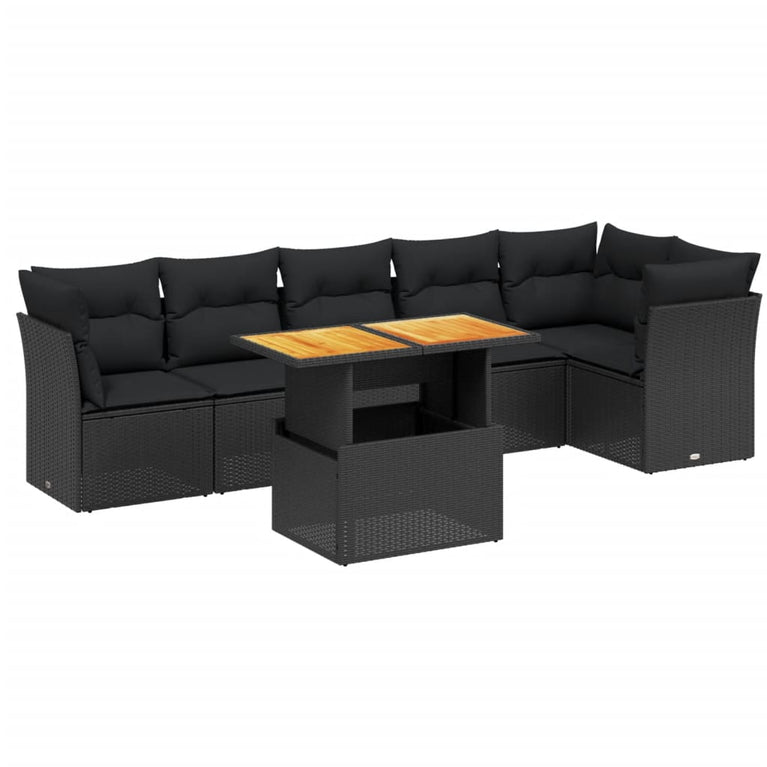 7-delige Loungeset met kussens poly rattan zwart