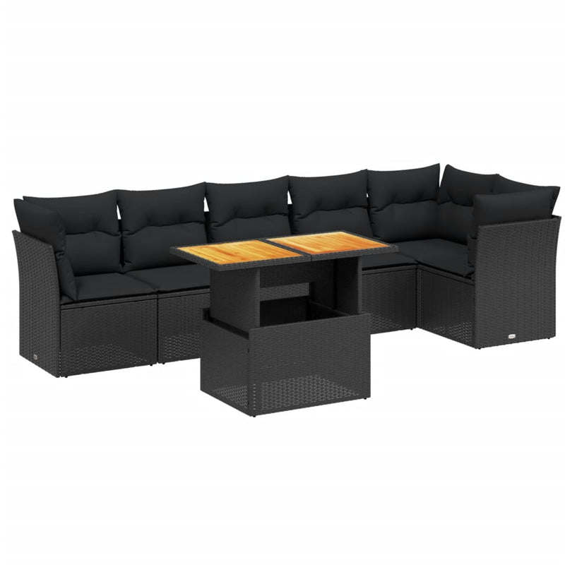 7-delige Loungeset met kussens poly rattan zwart