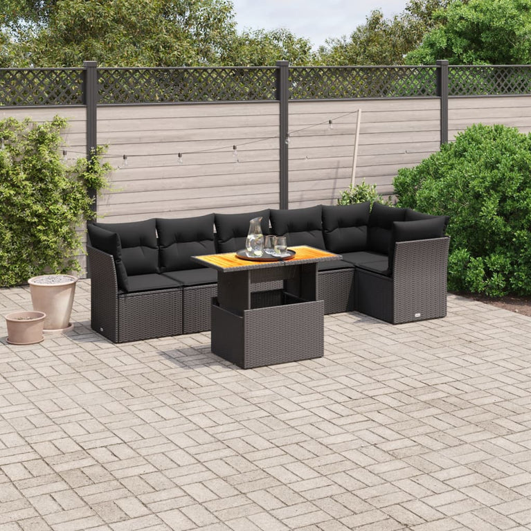 7-delige Loungeset met kussens poly rattan zwart
