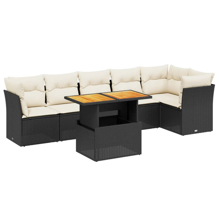 7-delige Loungeset met kussens poly rattan zwart