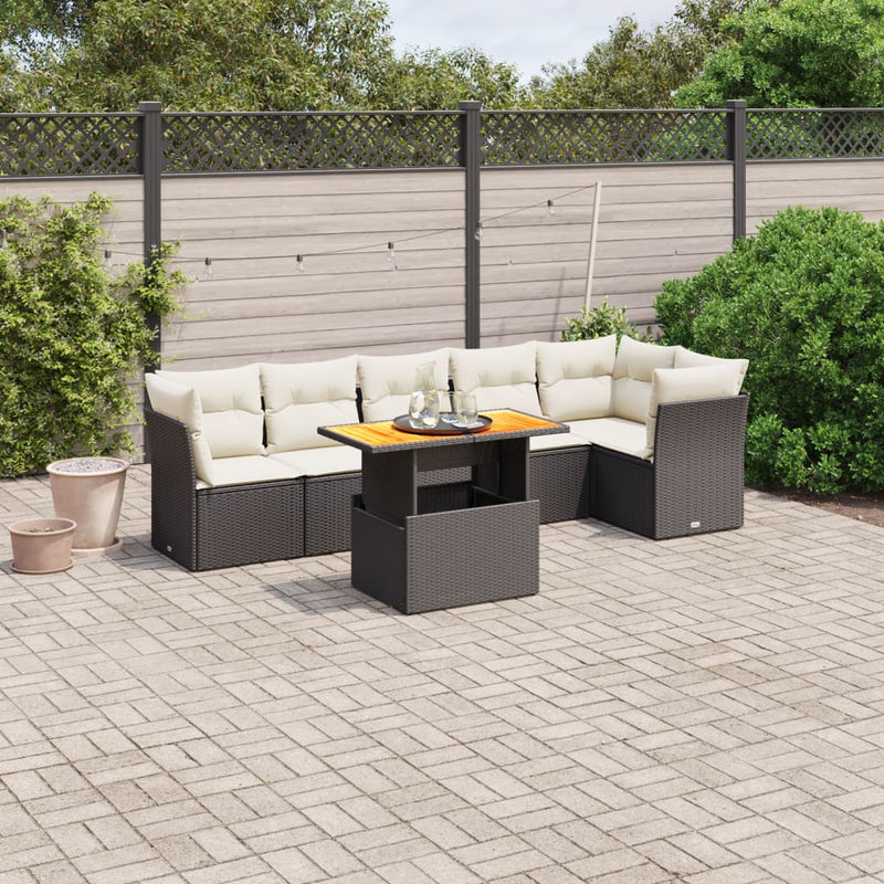 7-delige Loungeset met kussens poly rattan zwart