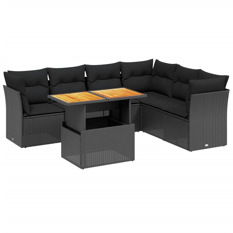 7-delige Loungeset met kussens poly rattan zwart