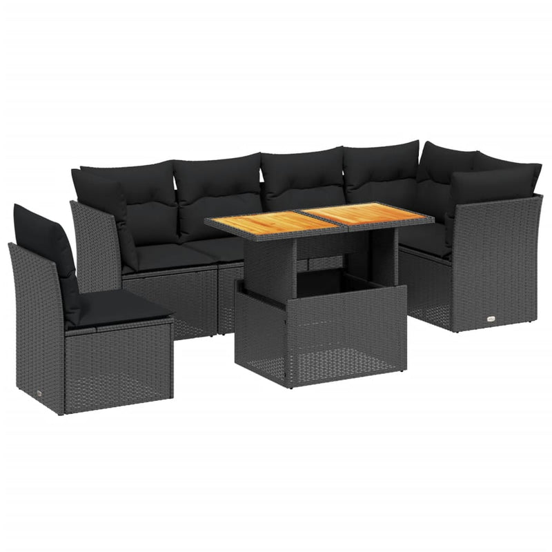 7-delige Loungeset met kussens poly rattan zwart
