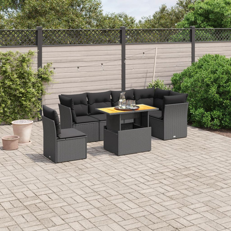 7-delige Loungeset met kussens poly rattan zwart