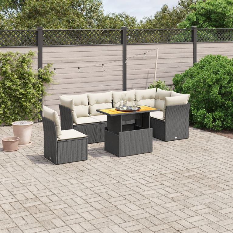7-delige Loungeset met kussens poly rattan zwart