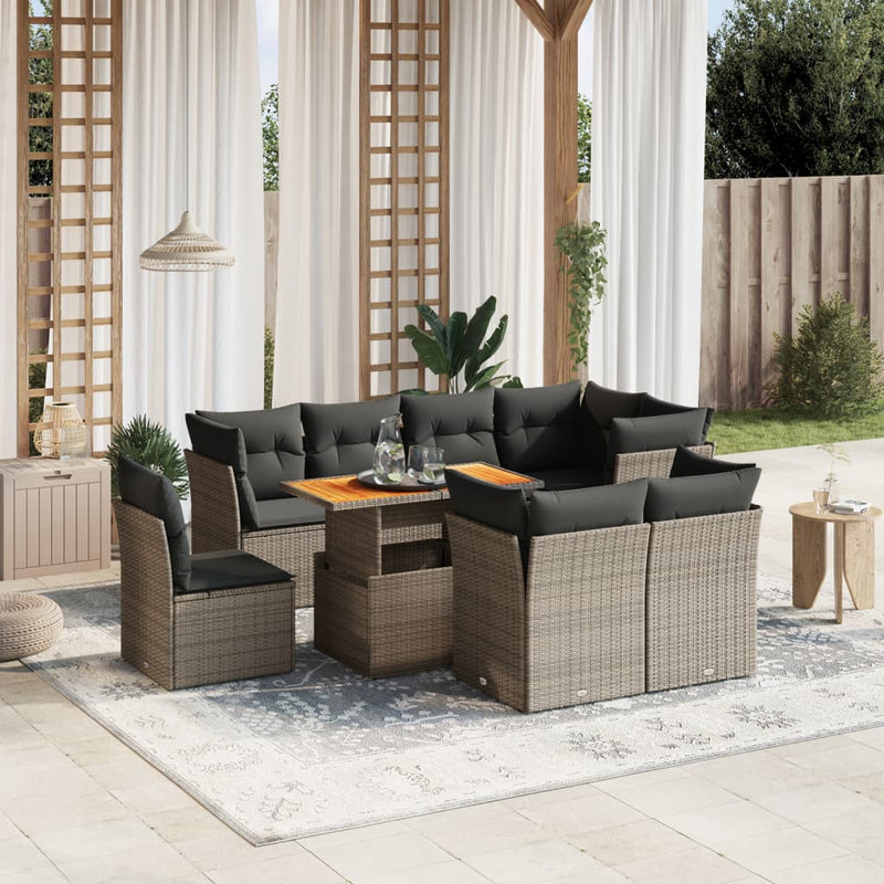 9-delige Loungeset met kussens poly rattan grijs