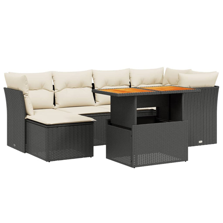 7-delige Loungeset met kussens poly rattan zwart