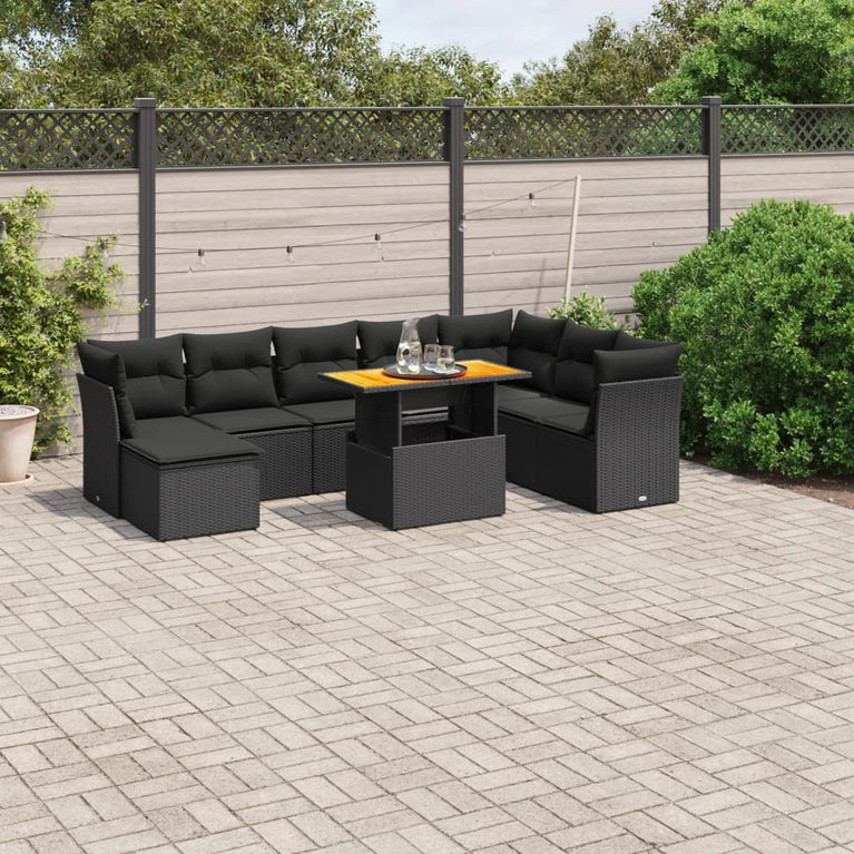 9-delige Loungeset met kussens poly rattan zwart
