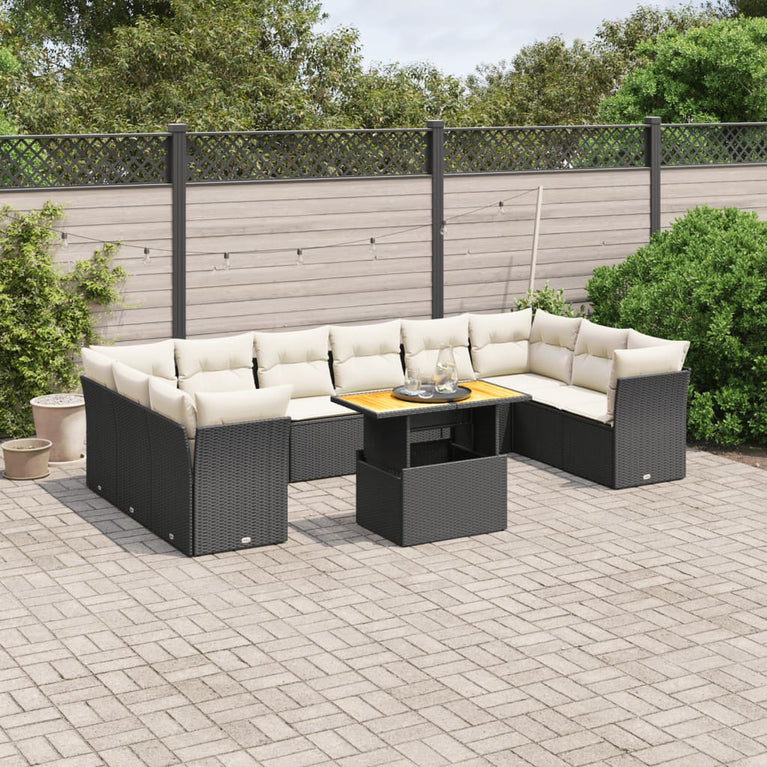 11-delige Loungeset met kussens poly rattan zwart