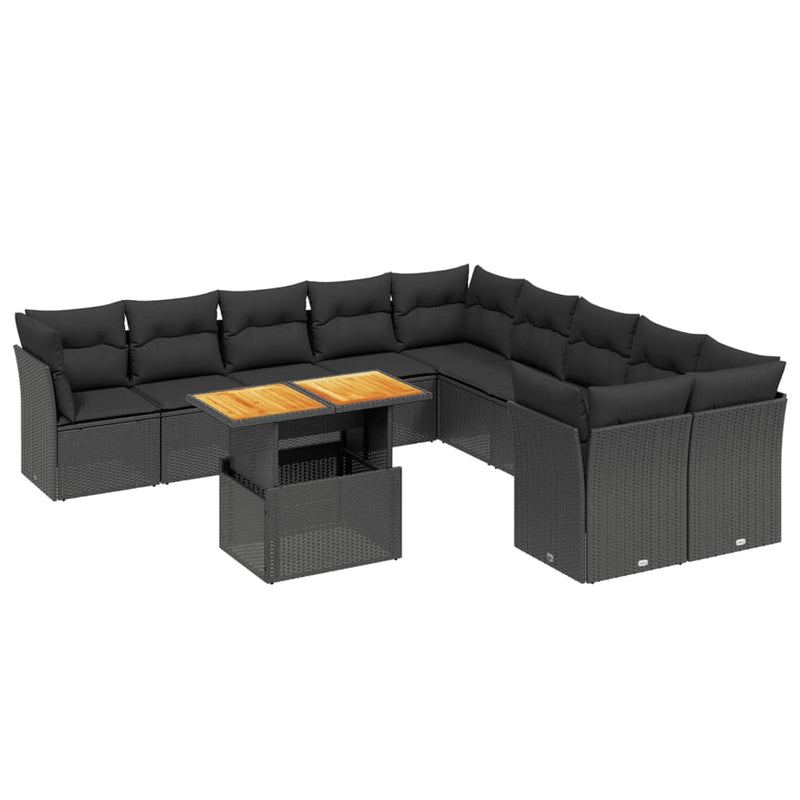 11-delige Loungeset met kussens poly rattan zwart