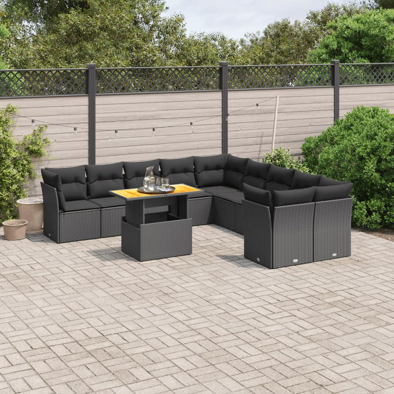 11-delige Loungeset met kussens poly rattan zwart
