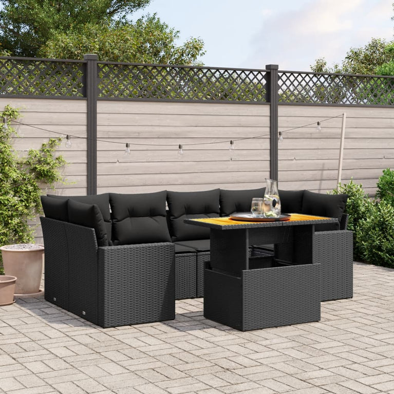 7-delige Loungeset met kussens poly rattan zwart