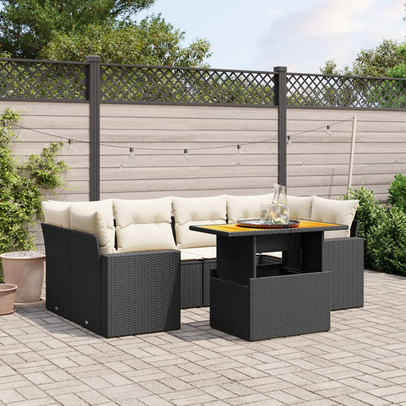 7-delige Loungeset met kussens poly rattan zwart