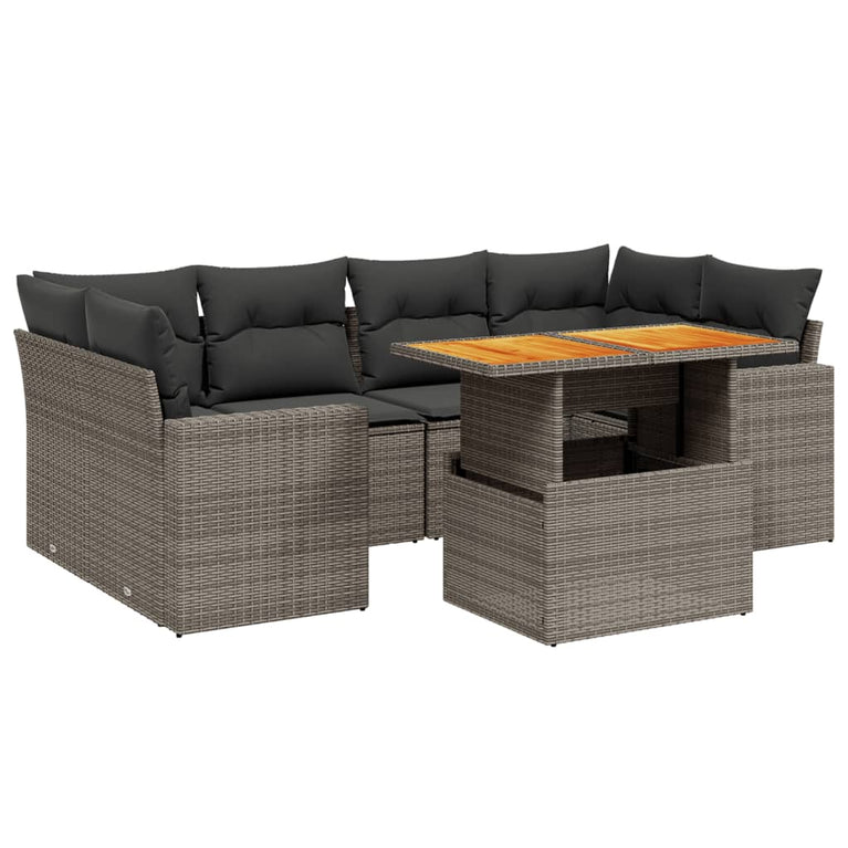 7-delige Loungeset met kussens poly rattan grijs