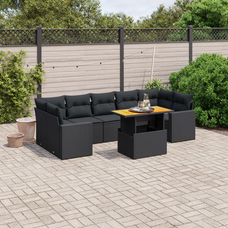 8-delige Loungeset met kussens poly rattan zwart