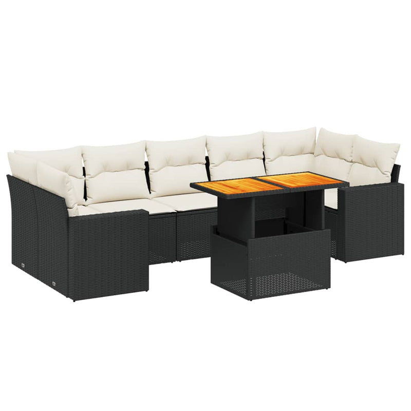 8-delige Loungeset met kussens poly rattan zwart