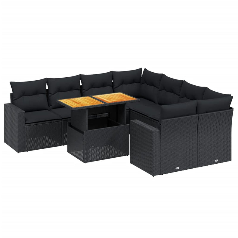 9-delige Loungeset met kussens poly rattan zwart