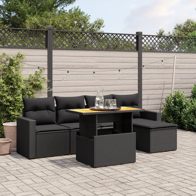 6-delige Loungeset met kussens poly rattan zwart