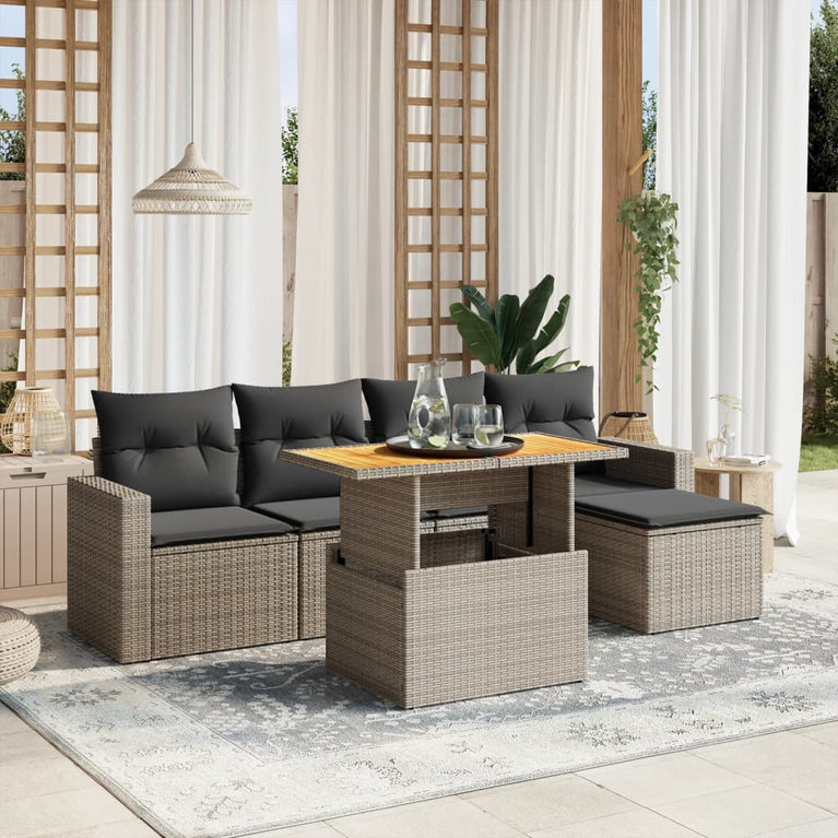 6-delige Loungeset met kussens poly rattan grijs