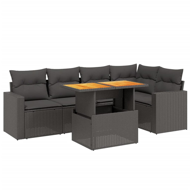 6-delige Loungeset met kussens poly rattan zwart