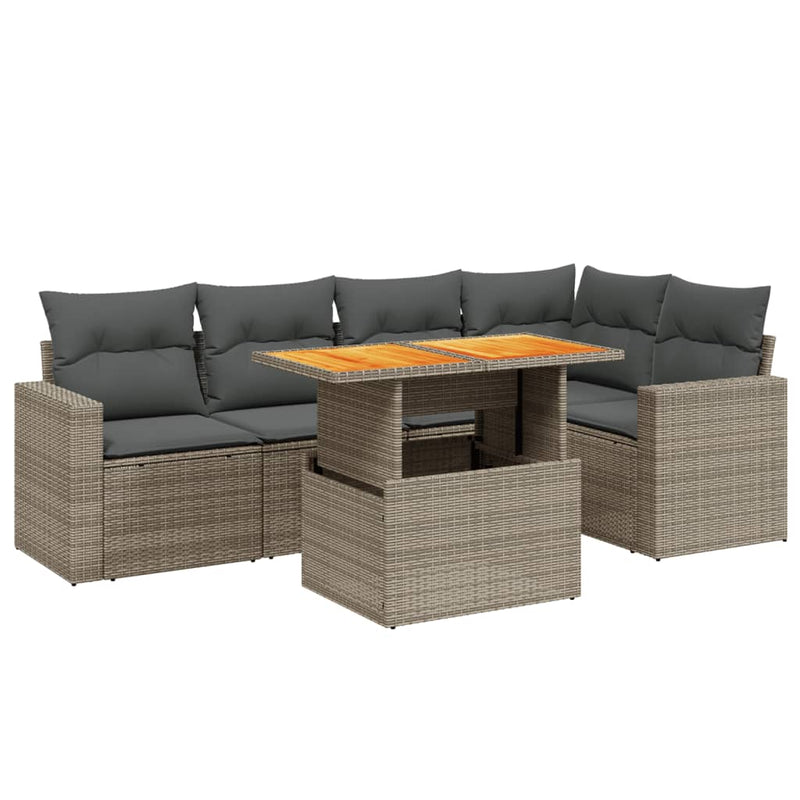6-delige Loungeset met kussens poly rattan grijs