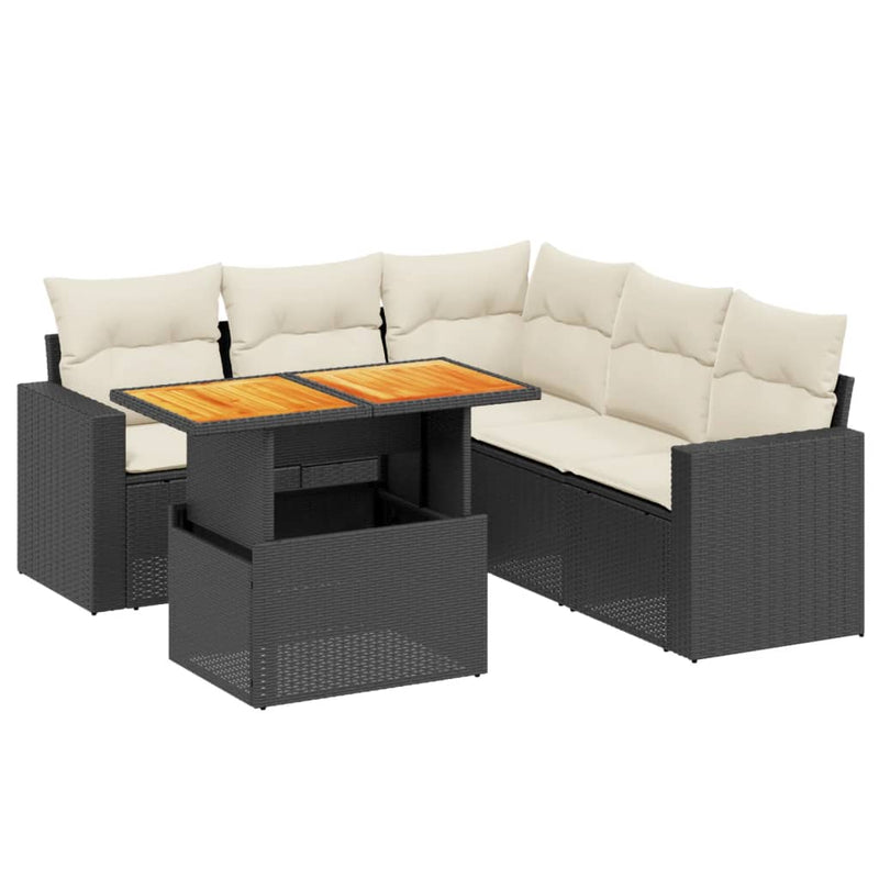 6-delige Loungeset met kussens poly rattan zwart